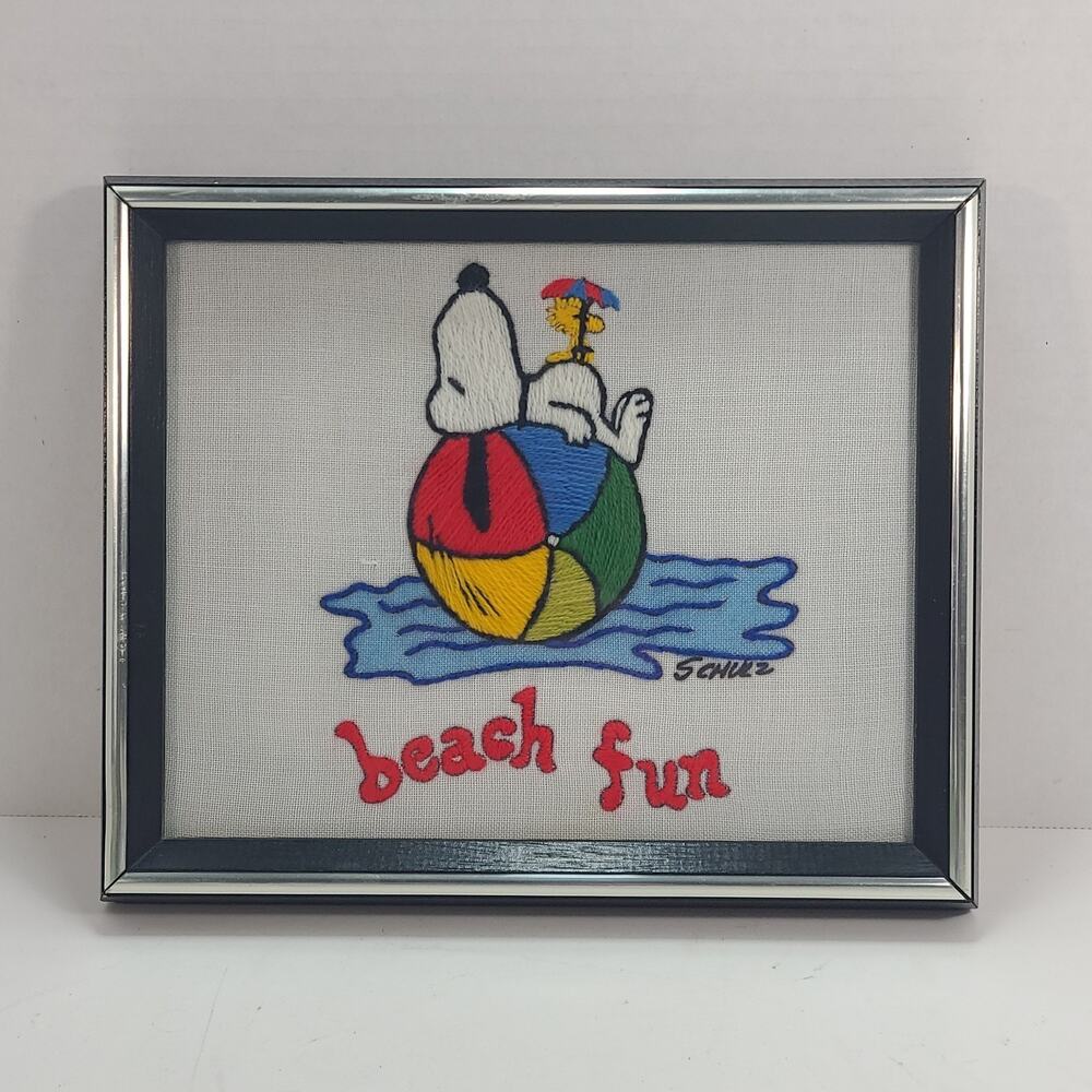 Framed Completed Malina Snoopy Beach Fun Crewel Stitchery Rainbow 11x9"